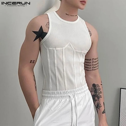 INCERUN Tops 2024 Korean Style Handsome Men O-neck Patchwork Line Vests Casual Streetwear Personality Sleeveless Tank Tops S-5XL