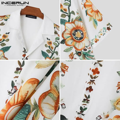 Fashion Well Fitting Tops INCERUN Men's Loose Floral Printed Shirts Summer Streetwear Male Short Sleeved Lapel Blouse S-5XL 2024