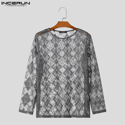 INCERUN Tops 2024 American Style Fashion Mens Diamond Lace Hollow Slightly Transparent T-shirts Sexy Long Sleeved Camiseta S-5XL