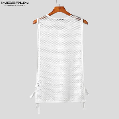 2023 Men Tank Tops Mesh Solid Color V Neck Sleeveless Summer Transparent Male Vests Lace Up Sexy Streetwear Tops S-5XL INCERUN