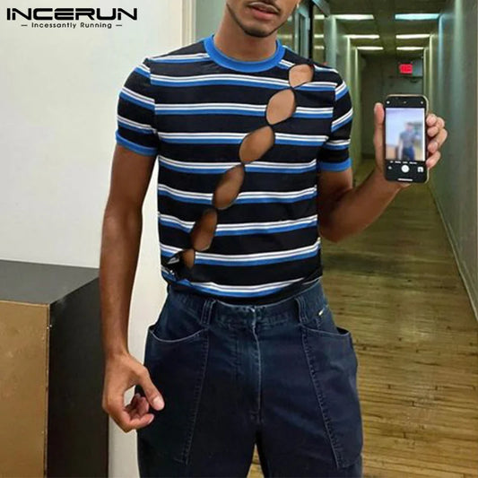 INCERUN Tops 2023 American Style Men's Patchwork Striped Button T-shirts Casual Streetwear Hollowed Short Sleeved Camiseta S-5XL