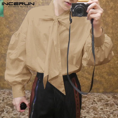 INCERUN Tops 2023 Fashion New Men Loose Long Sleeve Tie Blouse Stylish Solid Hot Sale Comfortable Casual Streetwear Shirts S-5XL