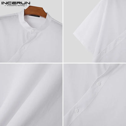 Casual Simple Style Tops INCERUN 2024 Mens Stand Neck Slanted Placket Design Shirs Summer Male Solid Medium Sleeved Blouse S-5XL