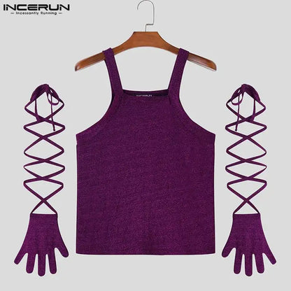 Sexy Fashion Style Tops INCERUN Men's Glitter Fabric Thimble Design Vests Leisure Clubwear Thin Sleeveless Tank Tops S-5XL 2024