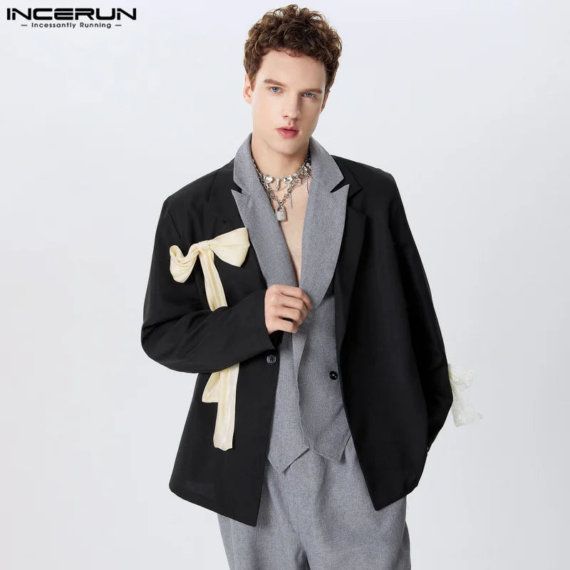 INCERUN Tops 2024 Amerikanischen Stil Hübscher Herren Bogen Kontrast Farbe Anzug Mäntel Freizeit Streetwear Solide Langarm Blazer S-5XL