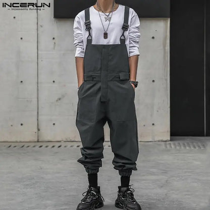 INCERUN 2024 Korean Style Bodysuits New Mens Cargo Overall Jumpsuits Casual Streetwear Male Summer Solid All-match Rompers S-5XL