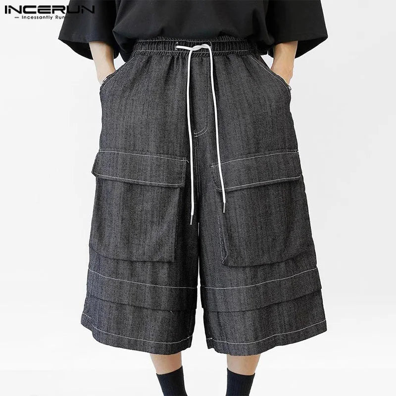 INCERUN 2024 Korean Style Trousers Stylish Men Cargo Patchwork Pockets Wide Leg Pants Leisure Male Solid Cropped Pantalons S-5XL