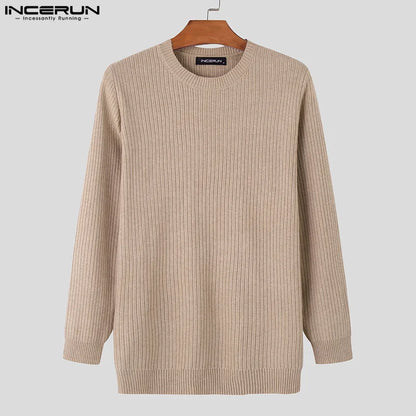 INCERUN Tops 2024 Stylis New Men Tight Fitting Solid Striped Pullover Casual Comfortable Male O-neck Long Sleeved Sweaters S-5XL