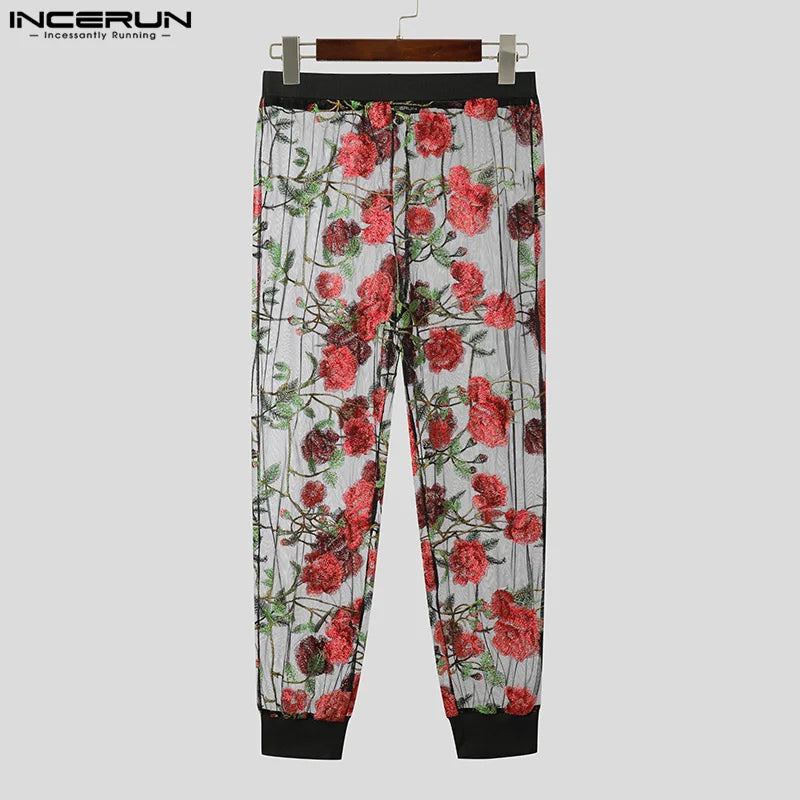 INCERUN 2024 Herrenpantalons im amerikanischen Stil, sexy, florales Netz, Perspektive, lange Hosen, stilvolle Streetwear, dünne Herrenhose, S-5XL