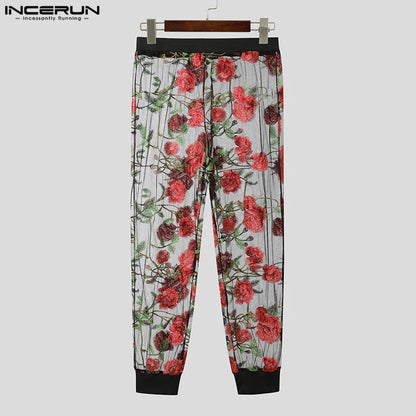 INCERUN 2024 Pantalons de style américain pour hommes Sexy Floral Mesh Perspective Pantalons longs Élégant Streetwear Pantalons fins pour hommes S-5XL