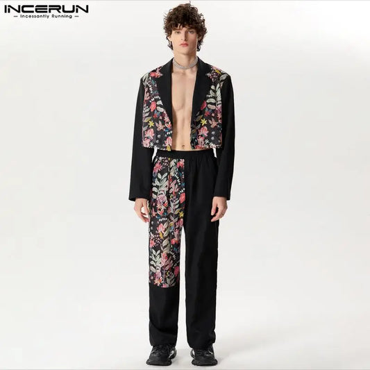 INCERUN 2024 American Style Men's Stylish Sets Short Long Sleeved Suit Coats Long Pants Sexy Patchwork Lace Suit 2 Pieces S-5XL