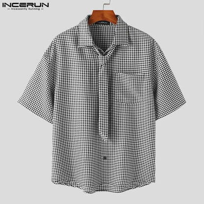 INCERUN Tops 2023 Korean Style New Men's Plaid Strap Lapel Blouse Casual Streetwear Hot Selling Male Short Sleeved Shirts S-5XL