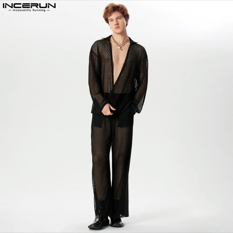 INCERUN 2024 American Style Sexy Men's Sets Lace Hollow Tops Long Pants Casual Party Shows Male Hot Selling Suit 2 Pieces S-5XL