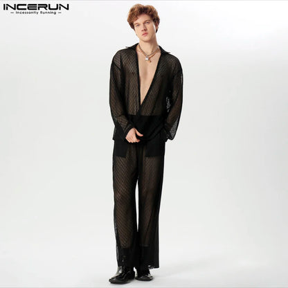 INCERUN 2024 Amerikanischen Stil Sexy männer Sets Spitze Hohl Tops Lange Hosen Casual Party Zeigt Männlichen Heißer Verkauf Anzug 2 stück S-5XL