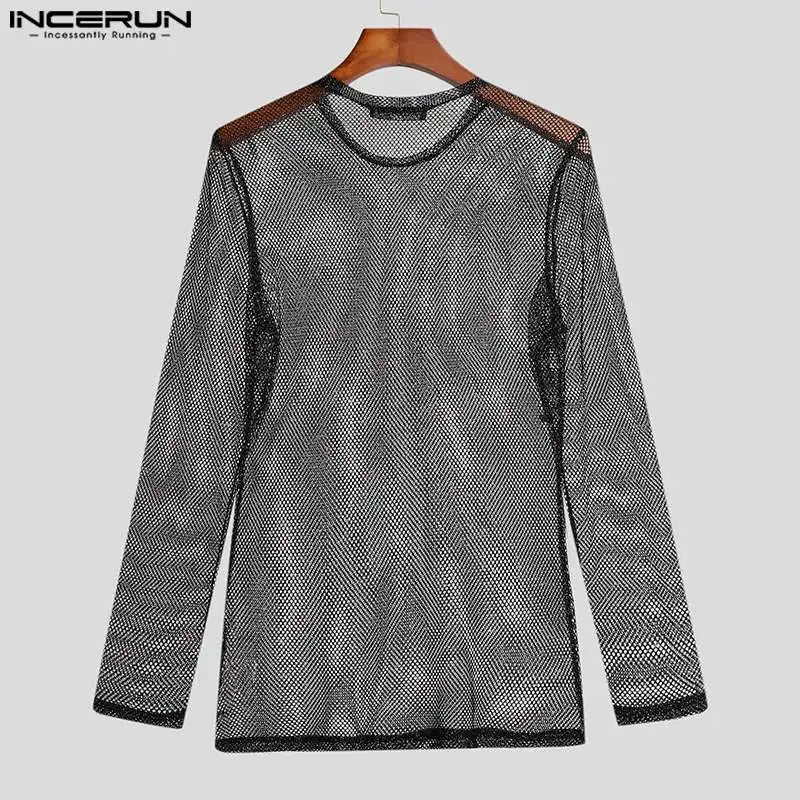 Party Nightclub Style Tops INCERUN New Men Glitter Mesh See-through Camiseta Sexy Male All-match Long Sleeve Thin T-shirts S-5XL