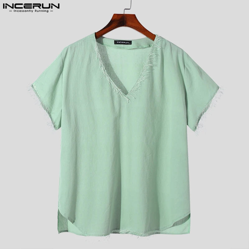 INCERUN Tops 2024 American Style Men's Simple V-neck Design T-shirts Summer Casual Streetwear Solid Short Sleeved Camiseta S-5XL