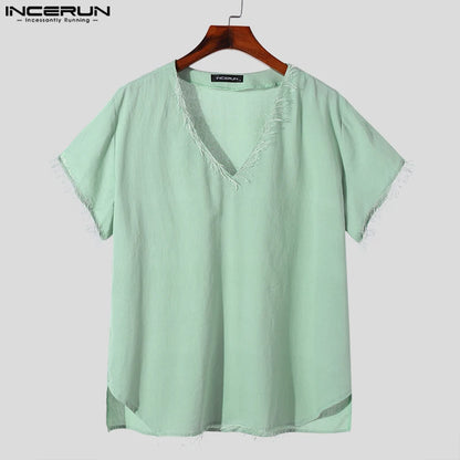 INCERUN Tops 2024 American Style Men's Simple V-neck Design T-shirts Summer Casual Streetwear Solid Short Sleeved Camiseta S-5XL