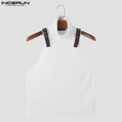 INCERUN Tops 2024 Korean Style Mens High Necked Knitted Pit Strap Leather Loop Vests Male Summer Solid Sleeveless Camiseta S-5XL