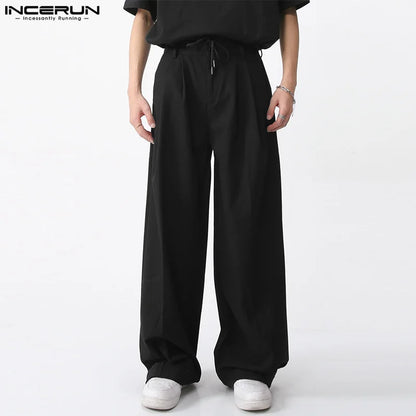 INCERUN 2024 Korean Style Men Trousers Simple Lace Up Drawstring Long Pants Casual Streetwear Loose Straight Leg Pantalons S-5XL