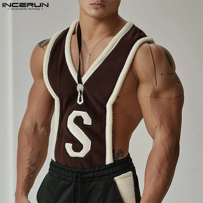 INCERUN Tops 2024 Koreanischen Stil Sexy Mode Männer S Brief Muster Spleißen Gestreiften Westen Sommer Casual Ärmellose Tank Tops S-5XL