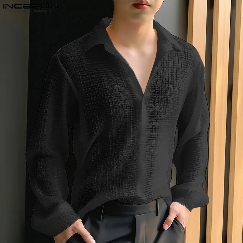 INCERUN Tops 2024 Korean Style New Men V-neck Texture Lapel Collar Shirts Fashionable Male Solid Color Long Sleeved Blouse S-5XL