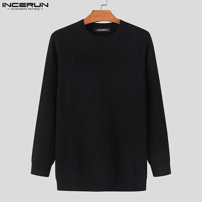 INCERUN Tops 2024 Stylis New Men Tight Fitting Solid Striped Pullover Casual Comfortable Male O-neck Long Sleeved Sweaters S-5XL