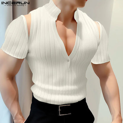 INCERUN Tops 2024 Korean Style Men's Sexy Shoulder Hollow Design T-shirts Fashion Solid Deep V-neck Short Sleeved Camiseta S-5XL