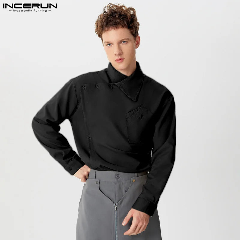 Casual Simple Style Tops INCERUN New Mens Diagonal Placket Solid Simple All-matcg Blouse Handsome Male Long Sleeved Shirts S-5XL