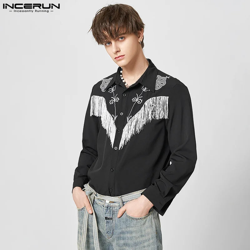 INCERUN 2023 Männer Hemd Bestickt Quaste Patchwork Revers Langarm Mode Camisa Streetwear Taste Casual Männer Kleidung S-5XL