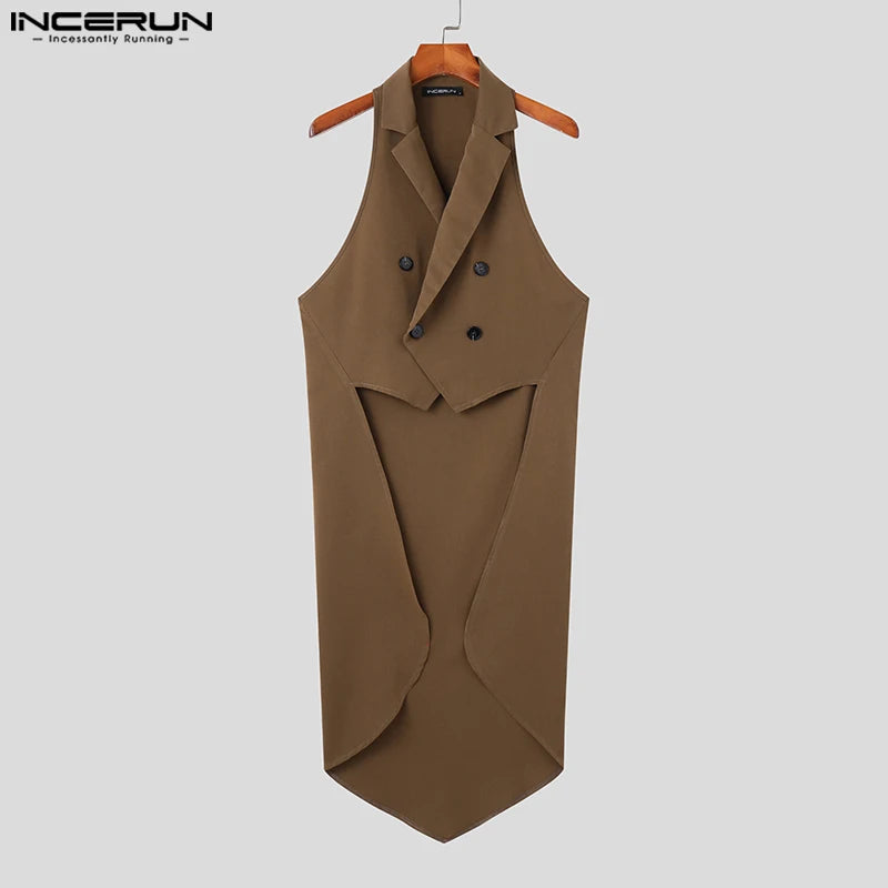 INCERUN Tops 2023 American Style New Men's Irregular Hem Design Vests Casual Street Long-style Solid Sleeveless Suit Vests S-5XL