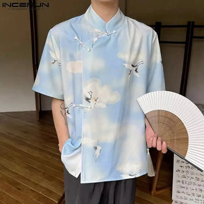 Handsome Well Fitting Tops INCERUN Men Crane Print Buckle Design Shirts Summer Casual Male Stand Neck Short Sleeved Blouse S-5XL