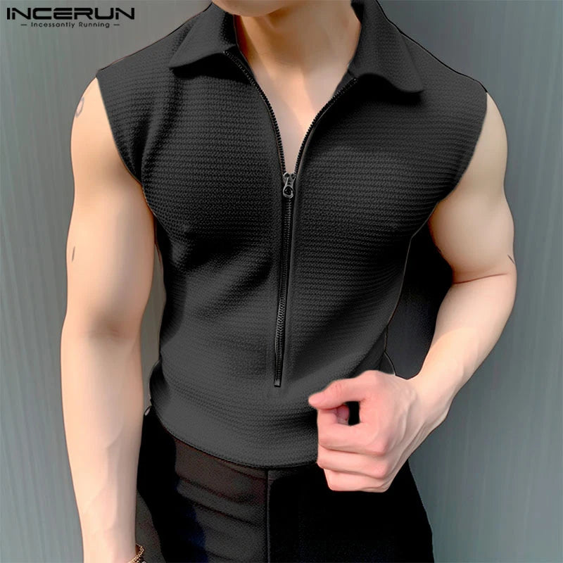 INCERUN Tops 2024 Koreanische Stil Mode Für Männer Zipper Design T-shirts Casual Streetwear Männlichen Solide Revers Ärmelloses Camiseta S-5XL