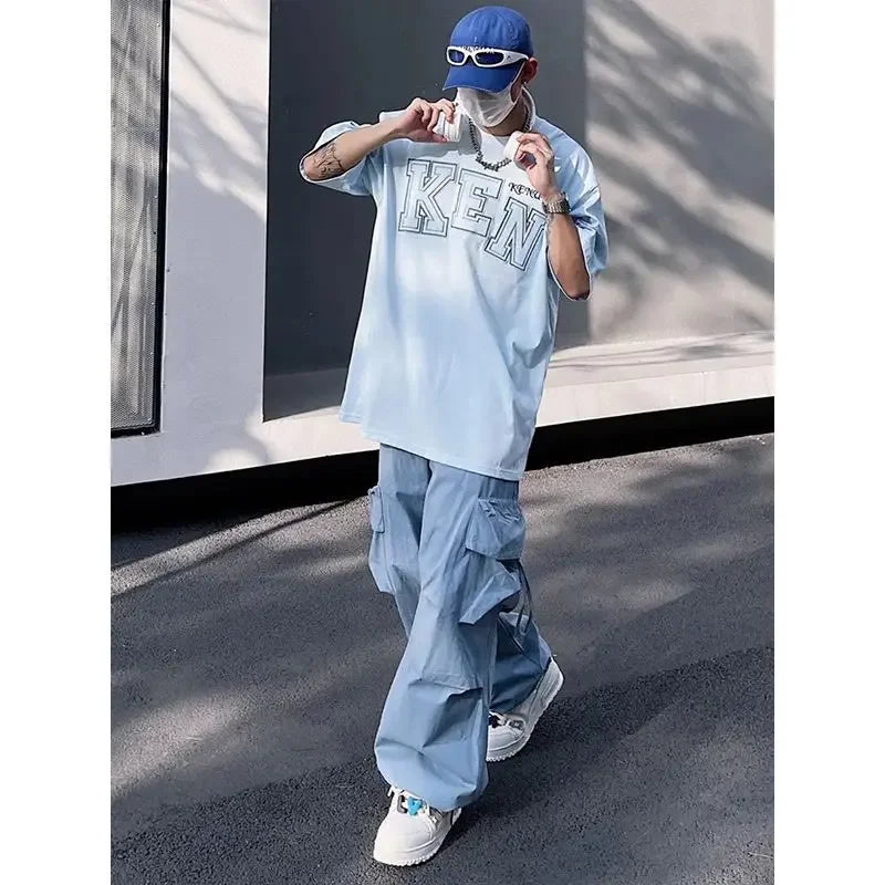 HOUZHOU Y2K Cargo Pants for Men Hip Hop Harajuku Parachute Cargo Trousers Male Blue Japanese Loose Casual Streetwear Hip Hop