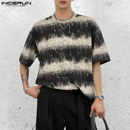 INCERUN Tops 2024 Korean Style Handsome Fashion Men Gradient Striped T-shirt Casual Streetwear Male Short Sleeved Camiseta S-5XL