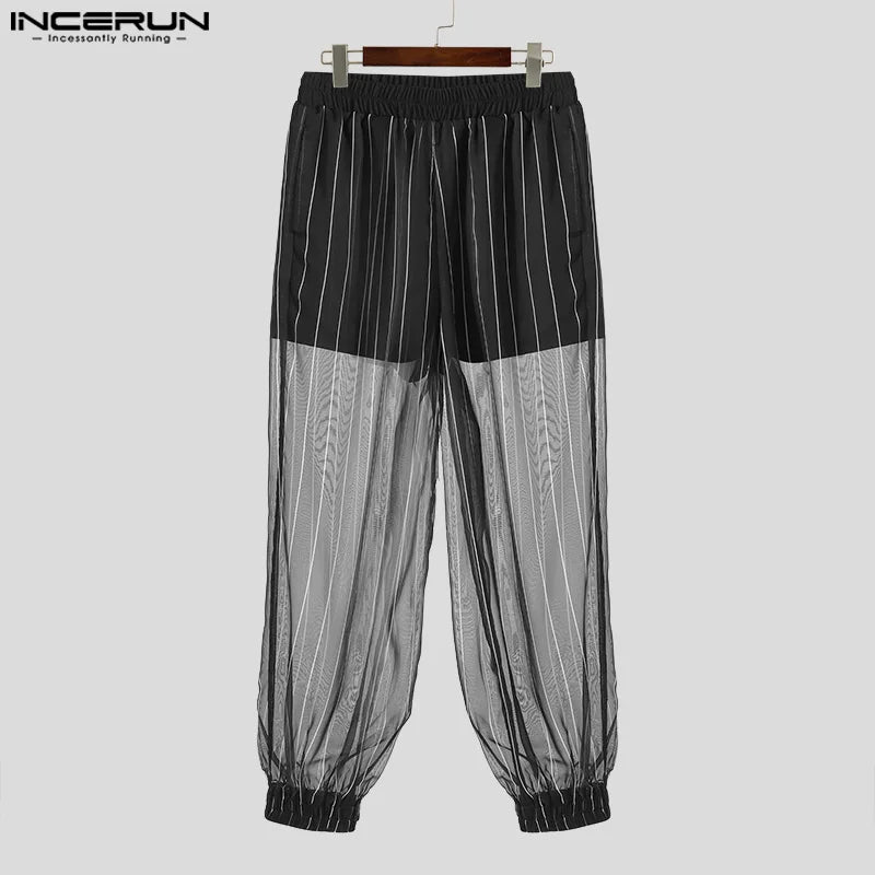 INCERUN 2024 Korean Style Trousers Fashion Men's Striped Perspective Pants Casual Party Shows Hot Sale Male Thin Pantalons S-5XL