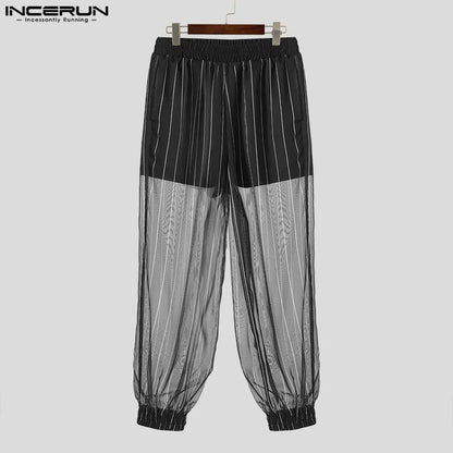 INCERUN 2024 Koreanische Stil Hosen Mode Für Männer Gestreiften Perspektive Hosen Casual Party Zeigt Heißer Verkauf Männlichen Dünne Pantalons S-5XL