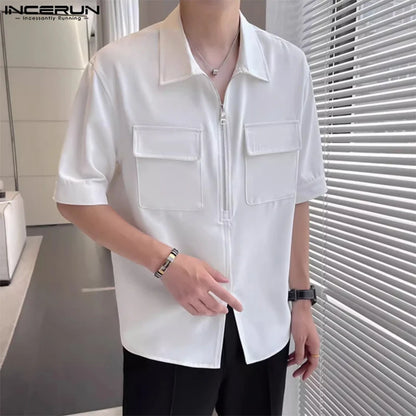 INCERUN Tops 2023 Korean Style New Men Half Zip Lapel Pocket Shirts Casual Streetwear Male Solid Short Sleeve Lapel Blouse S-5XL