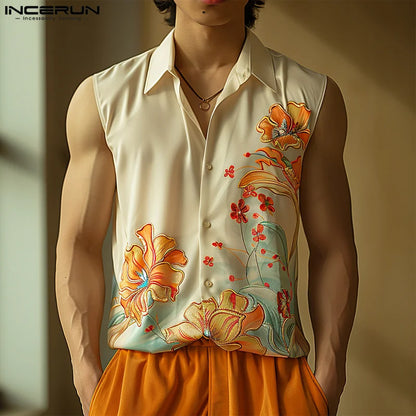 INCERUN Tops 2024 Korean Style Fashion Men's Floral Printed Design Shirts Casual Personality Male Sleeveless Lapel Blouse S-5XL