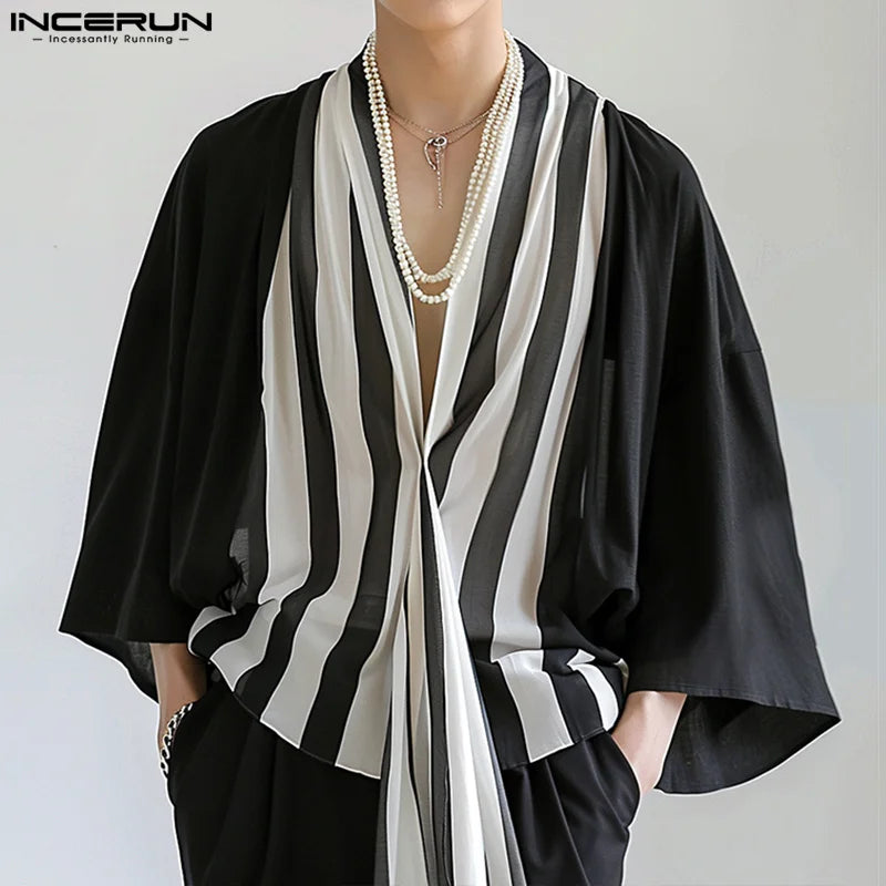 INCERUN Tops 2024 Korean Style New Men's Loose Striped Contrast Shirts Male Casual Streetwear Long Sleeved Cardigan Blouse S-5XL