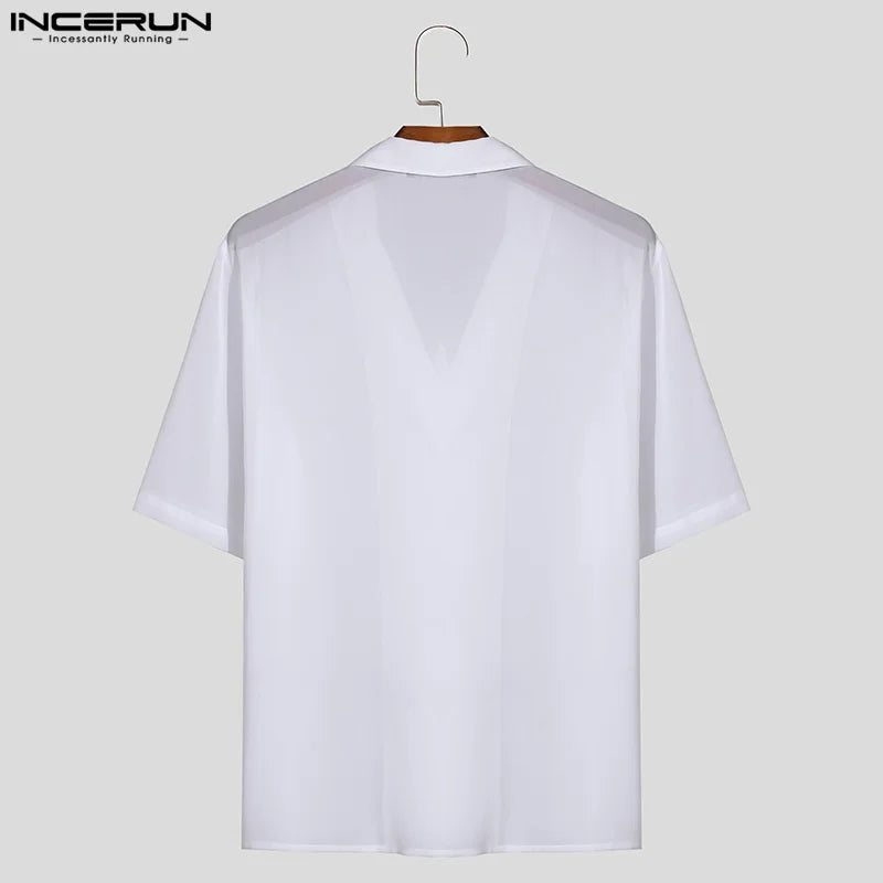 INCERUN Tops 2024 Amerikanischen Stil Neue Männer Chiffon Perspektive Dünne Hemden Casual Streetwear Männlichen Kurzarm Revers Bluse S-5XL