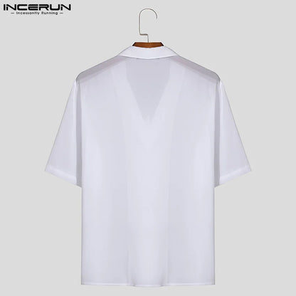 INCERUN Tops 2024 American Style New Men Chiffon Perspective Thin Shirts Casual Streetwear Male Short Sleeved Lapel Blouse S-5XL