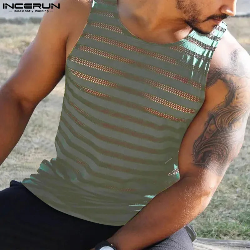 INCERUN Tops 2024 American Style Fashion Men's Horizontal Striped Mesh Vests Summer Casual Streetwear Sleeveless Tank Tops S-5XL