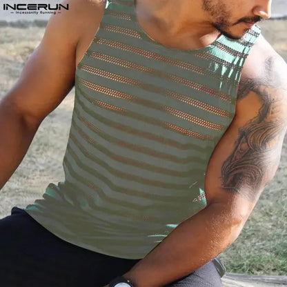 INCERUN Tops 2024 American Style Fashion Men's Horizontal Striped Mesh Vests Summer Casual Streetwear Sleeveless Tank Tops S-5XL