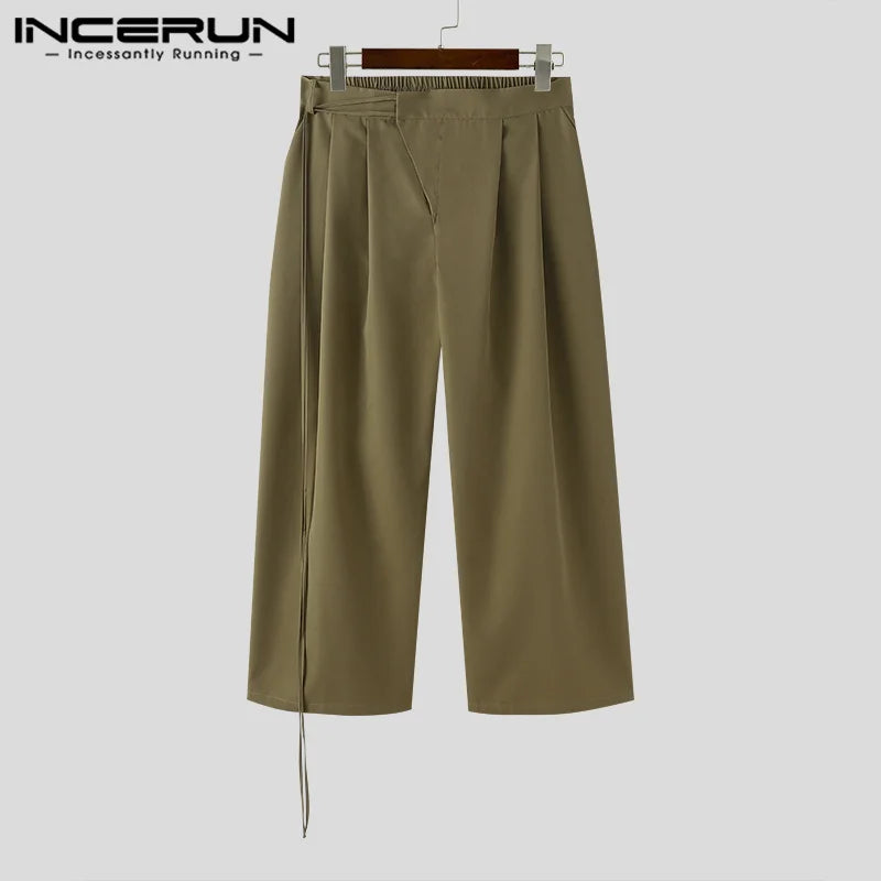 INCERUN 2024 Korean Style Pantalons New Men Casual Streetwear Pleated Lace Up Design Long Pants Male Solid Simple Trousers S-5XL