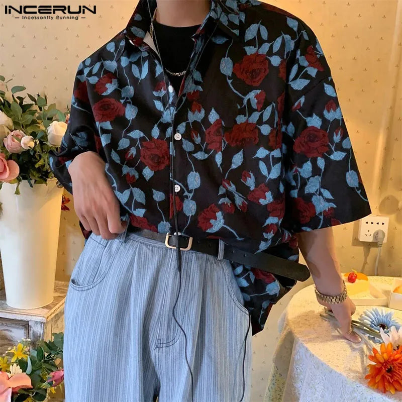 INCERUN Tops 2024 Korean Style Fashion Men Rose Printing Shirts Casual Streetwear Personality Lapel Medium Sleeved Blouse S-5XL