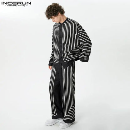 INCERUN 2024 American Style Sets New Men's Stylish Striped Stand Collar Shirts Long Pants Leisure Streetwear Suit 2 Pieces S-5XL