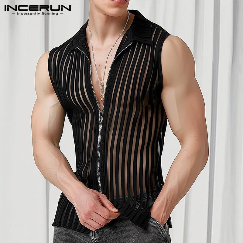 2024 männer Tank Tops Striped Mesh Revers Sleeveless Zipper Männlichen Westen Transparent Streetwear Sommer Mode Männer Kleidung INCERUN