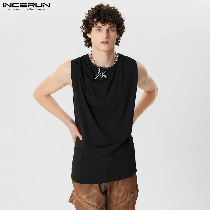 INCERUN Tops 2024 American Style New Men's Pleated Design Solid Simple Vests Leisure Streetwear Male Hot Selling Tank Tops S-5XL