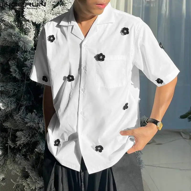 INCERUN Tops 2024 Korean Style Fashion Men's Flower Patchwork Shirts Casual Personalized Funny Lapel Short Sleeved Blouse S-5XL