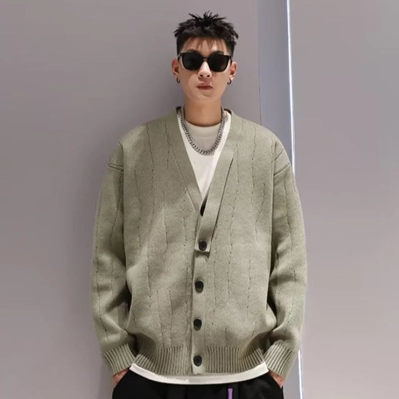 HOUZHOU Cardigan en tricot pour homme, pull de style coréen, manteau pour homme, automne hiver, ample, décontracté, manches longues, streetwear